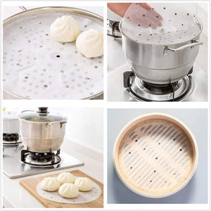 (25pcs) 9-inch Perforated Bamboo Steamer Liners, Non-stick Steamer Mat - Yummi Dumplings